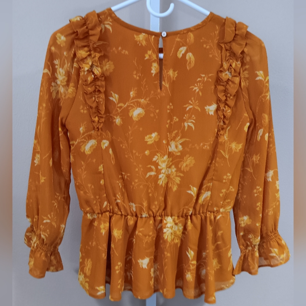 Madewell Women's (XXS) Golden Yellow Floral Ruffle Blouse - Picture 2 of 7
